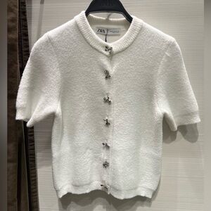NWT Zara Women's White Bow Shaped Button Knit Cardigan Size M